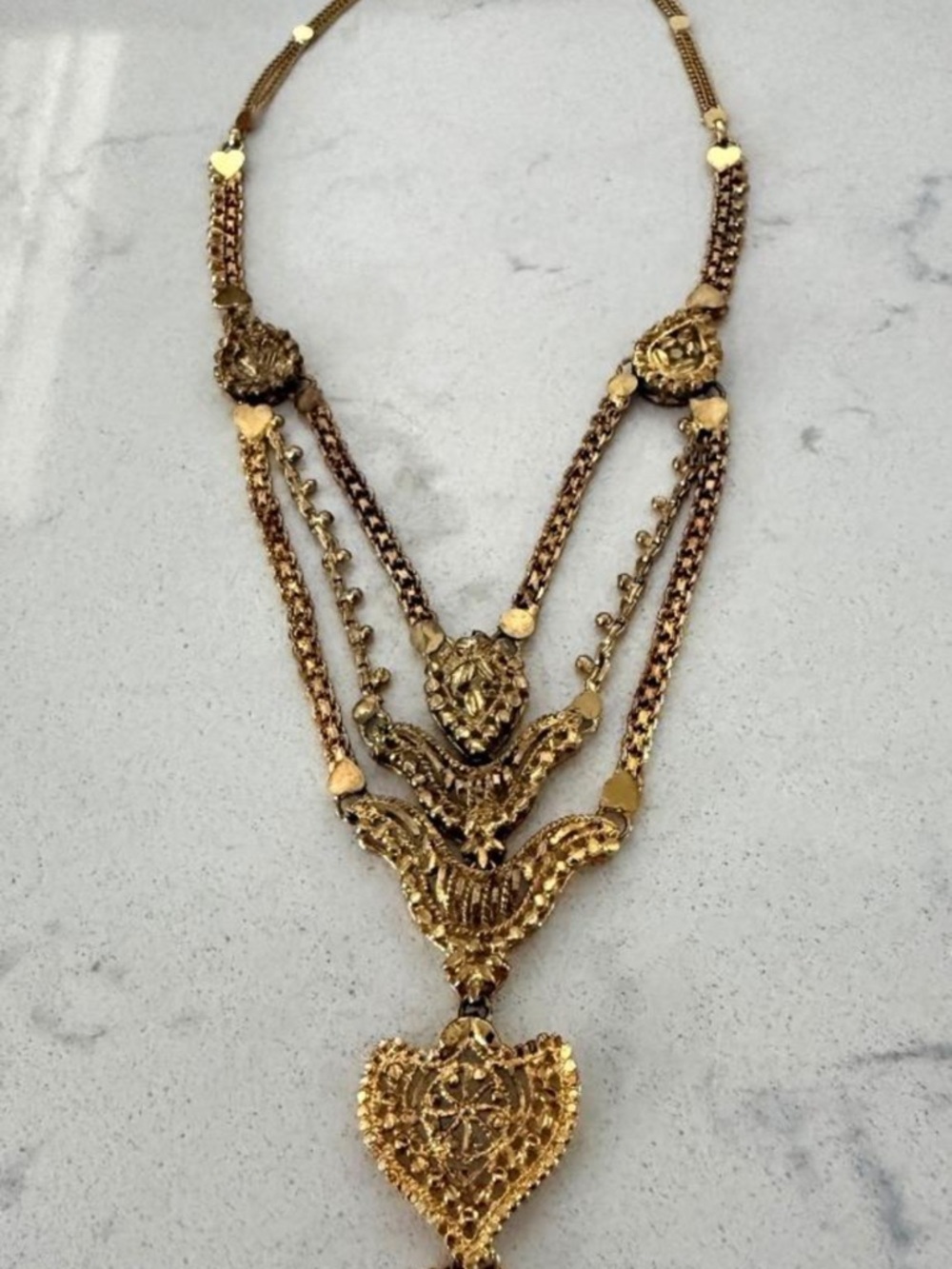 Vintage Gold Filigree Heart Pendant Multi-Chain Statement Necklace | 16" Ornate